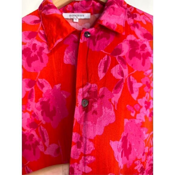 Olivaceous Shirt Womens Small Button Front Floral Red/Pink Short Sleeve - Picture 8 of 9